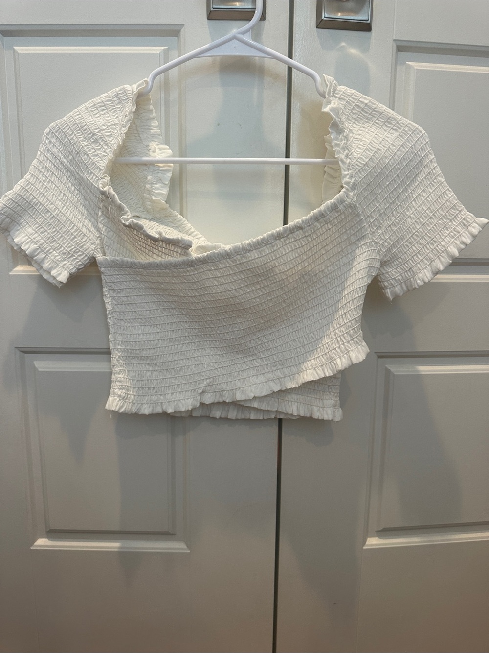 DO+BE White Smocked Off-Shoulder Ruffle Crop Top
